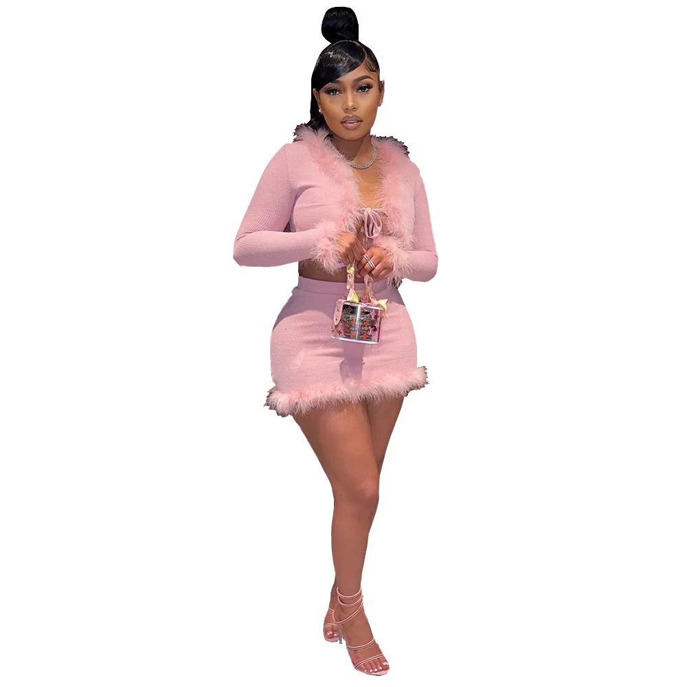 Party Club Overalls Sexy Women Cute Bodysuits Pink Fur Sleeve Rompers Outfits Mesh Bodysuit Short 2 PIECE SET