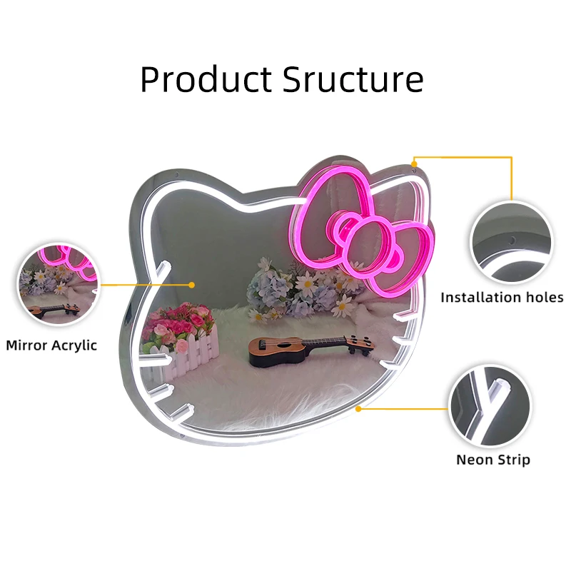 Wholesale Smart Mirror Led Hello Kitty Light Decor Accessories Touch Screen Wall Hanging Makeup Table Mirror Fill Light Mirror