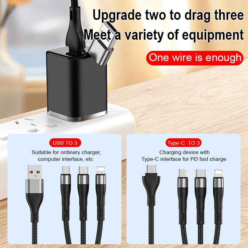 High Quality Nylon Braided 66W 100W 3 in 1 Charging Data Cable Micro USB Type C 5A Fast Charging Cable For Cell Phones