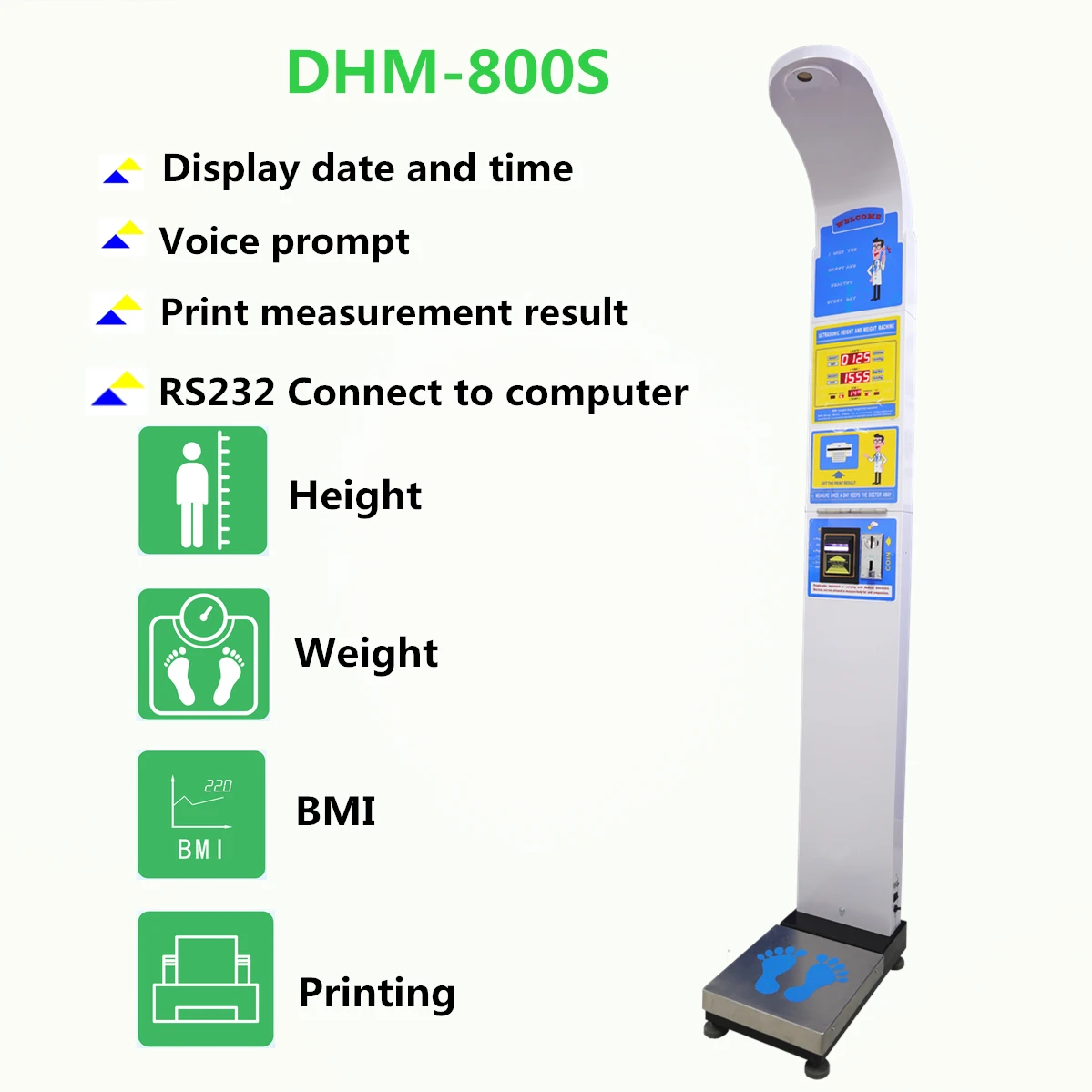 DHM-800S Coin and Paper money operated Digital Electronic Weighing scales with height stadiometer