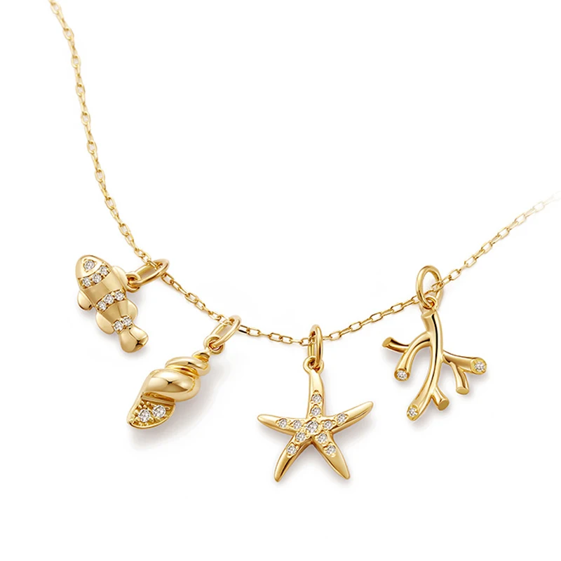 Sea Creatures 18k Gold Starfish Clownfish Coral Pendant Necklace Sea Snail Cute Tik Tok Ins Mini Charms Clavicle 9k Chain