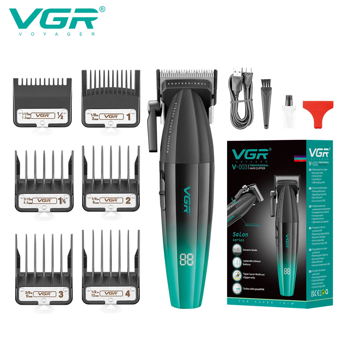VGR V-003 Salon Barber High-Speed Rechargeable Professional Hair Clipper for Men
