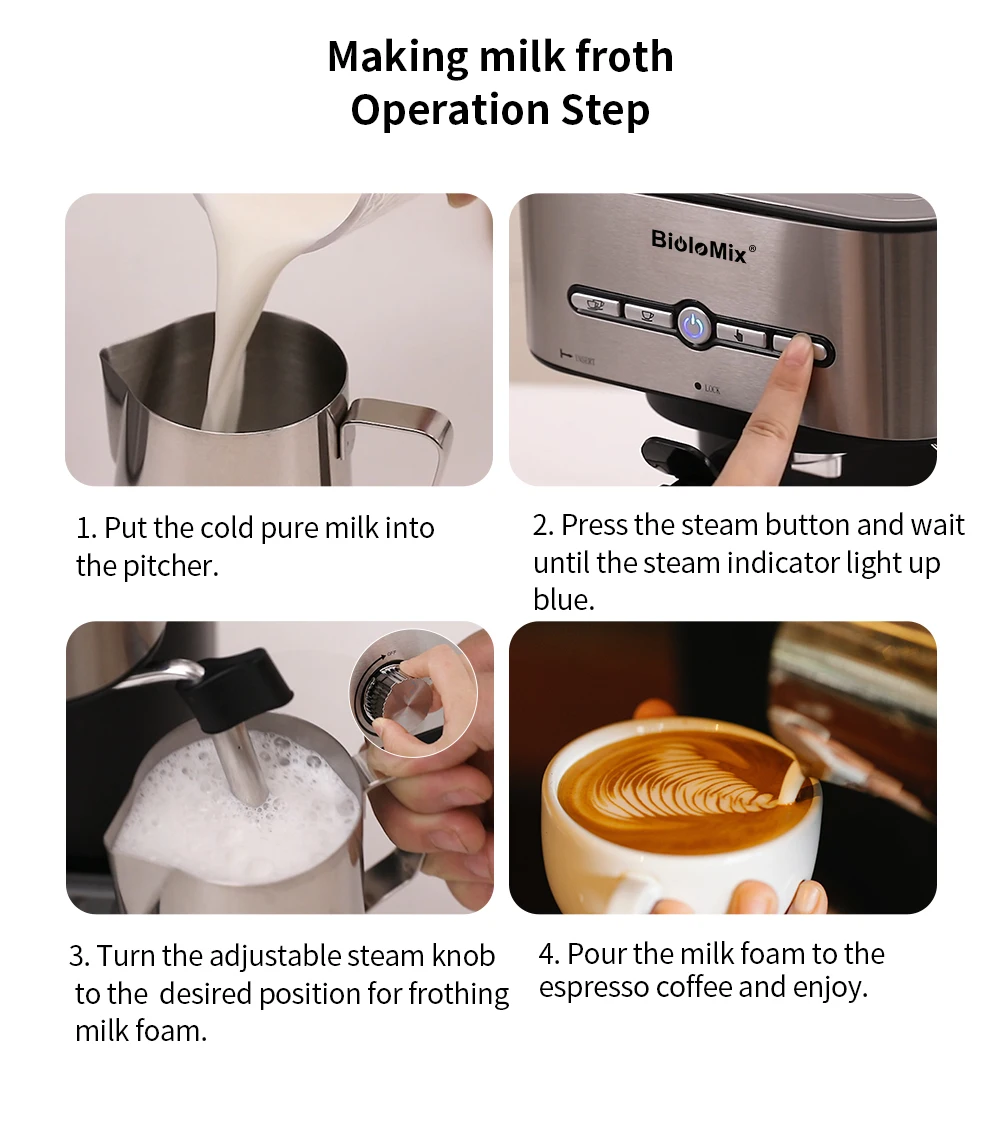 BioloMix 20 Bar 1050W Semi Automatic Espresso Coffee Machine Coffee Maker with Milk Frother Cafetera Cappuccino Hot Water Steam