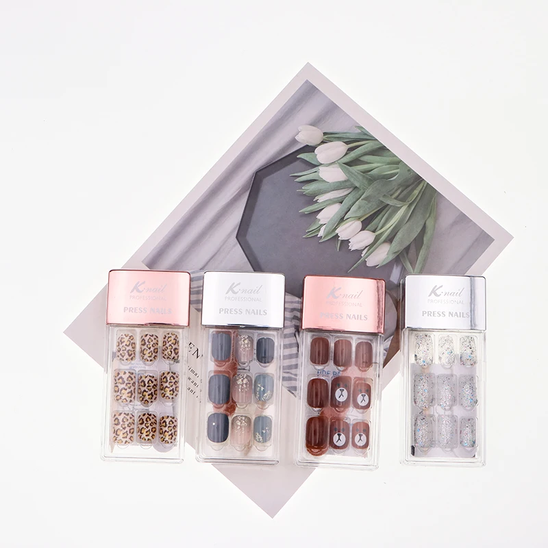 Acrylic box short oval and round style press on nail with nail file 24pcs Jelly glue tab wood stick Alcohol prep pad