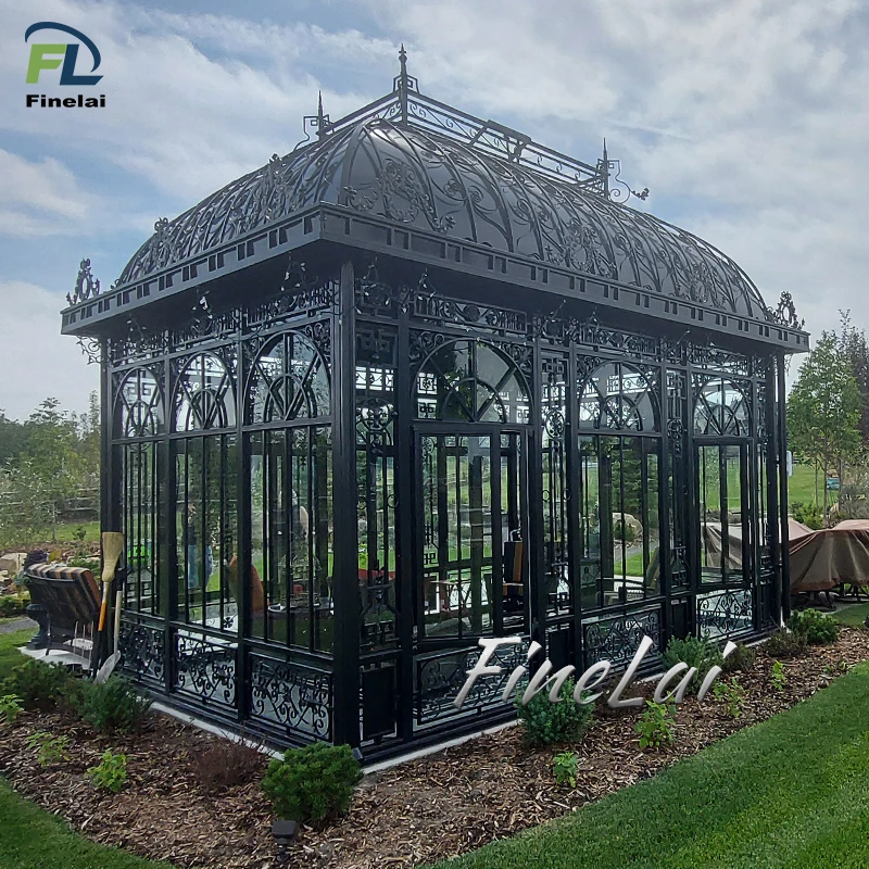 Finelai hot selling Large Outdoor Iron House garden conservatory iron pavilon wrought iron gazebo