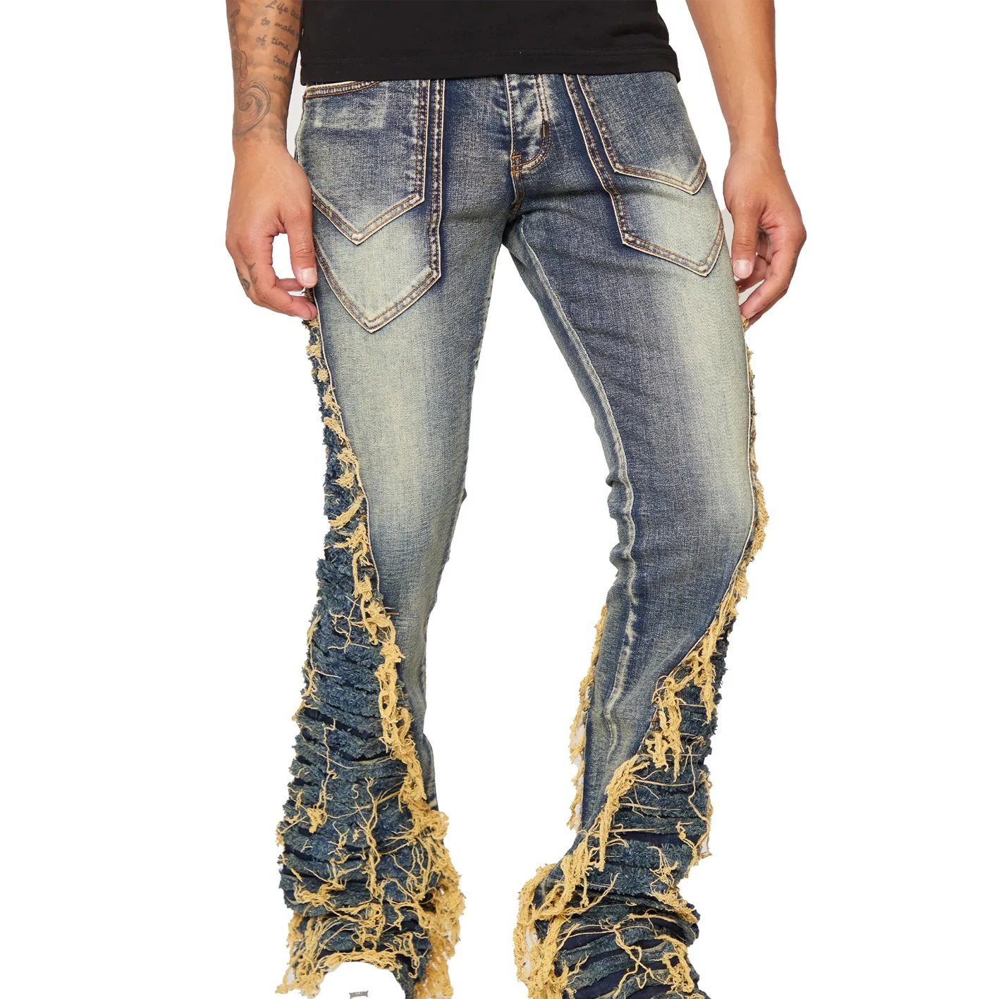 Hot Sale Fitted Shinny Wide Leg Stacked Ripped Denim Jeans Pant For Men