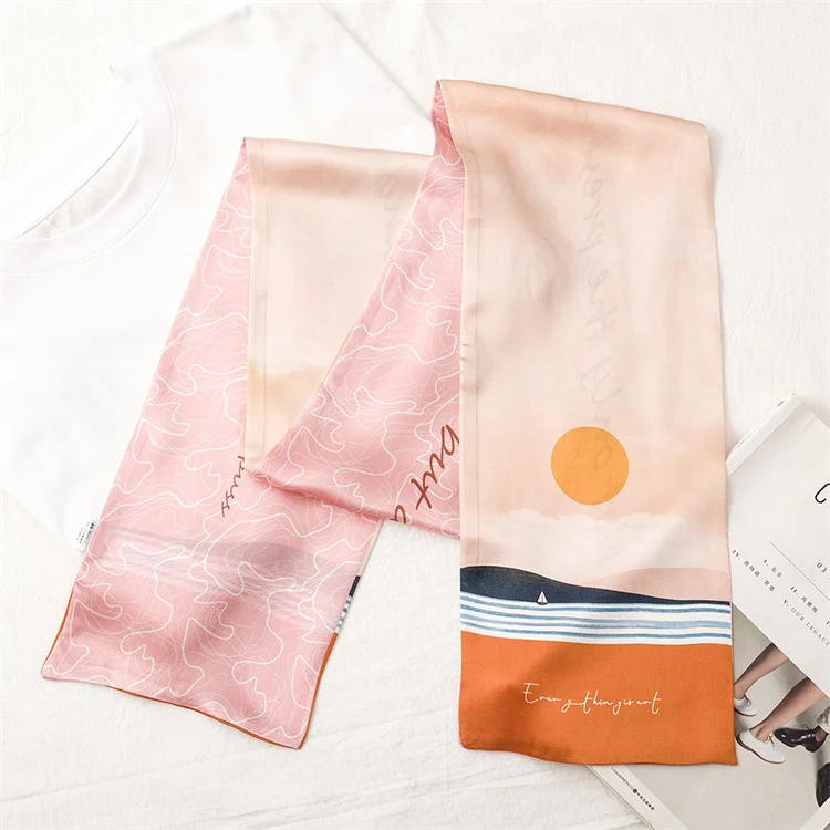High Quality Custom Printed 100% Silk Long Scarf For Women Office Lady Double Layer Silk Neck Tie