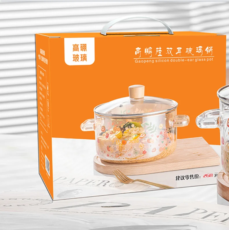 Kitchen cookware cartoon clear glass cooking pot saucepan stew pot with lid and handle