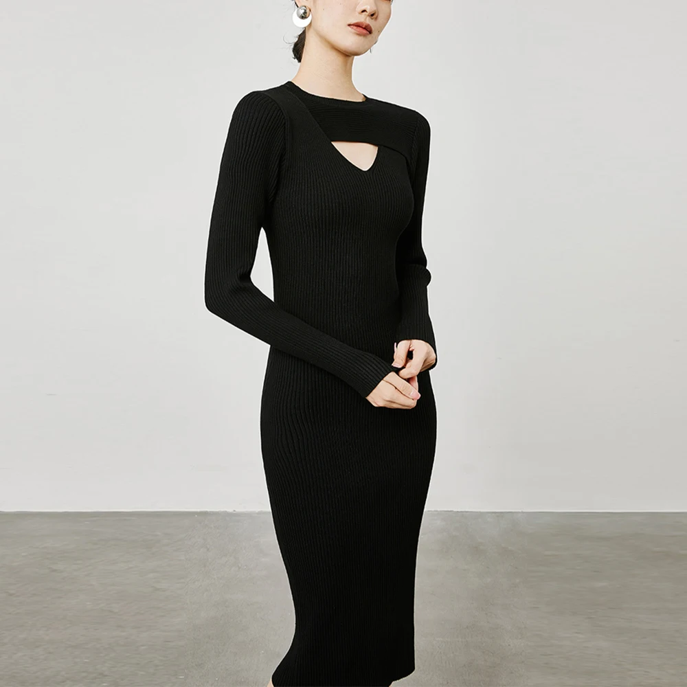 GUOOU OEM customize hollow cut out high waist slim long niche wool mix knit sweater dress