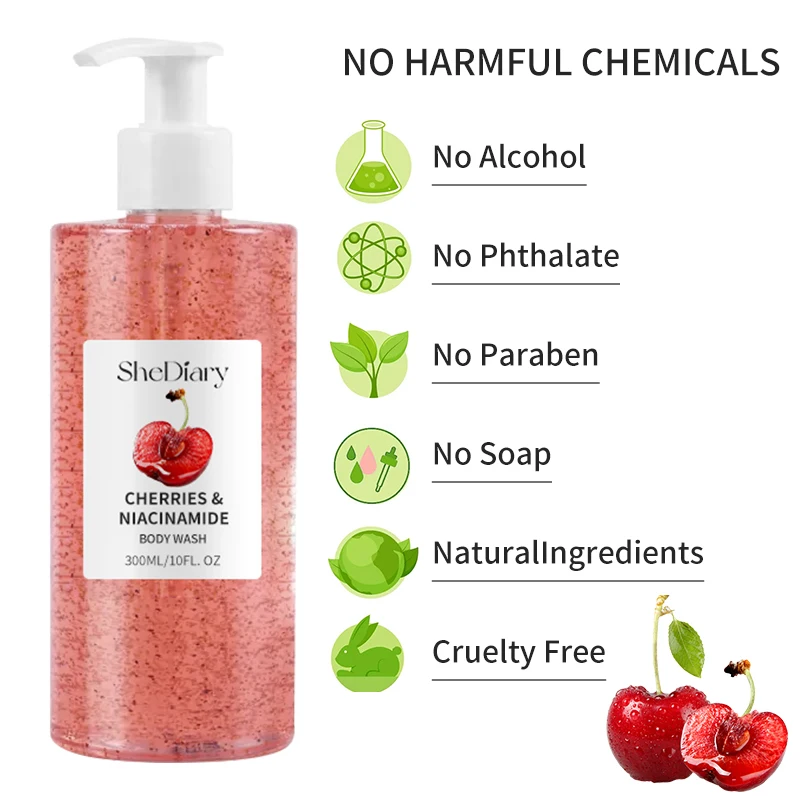 Private Label Refresh Fruit Skin Hydrating Body Wash Scrub Exfoliating Lightening Whitening Cherry Shower Gel