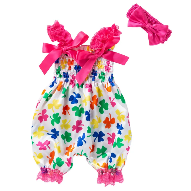Wholesale Girls Headband Floral Printing Baby Clothes Straps Jumpsuit Long Climbing Clothes Newborn Baby Rompers