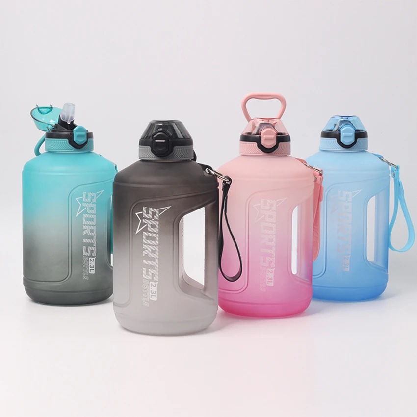 2.3 liter Gym Water Jug Bottle gallon Botol Minum Anak Motivational Frost Plastic Water Bottle With Straw