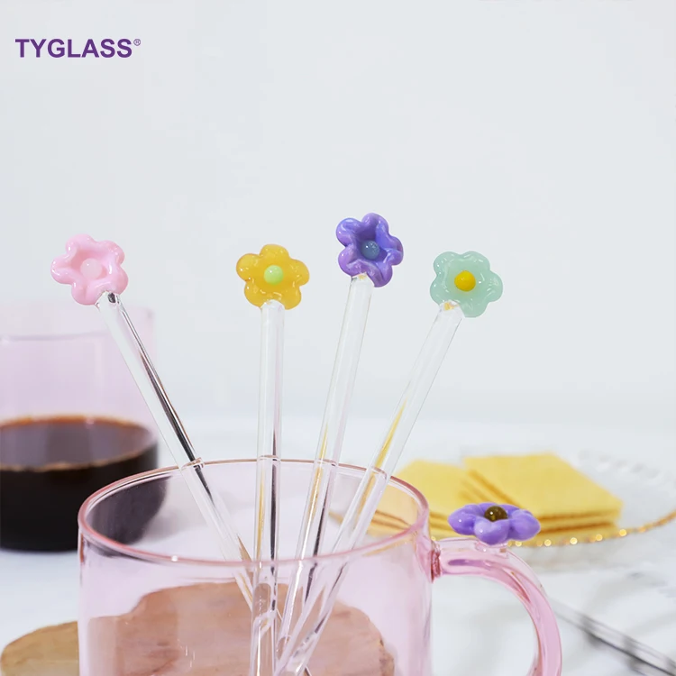 Cherry Blossom Shape Glass Stirring Rod Colorful Heat-Resistant Glass Coffee Stirrer Swizzling Drainage Stirring Mixing Rod Tool