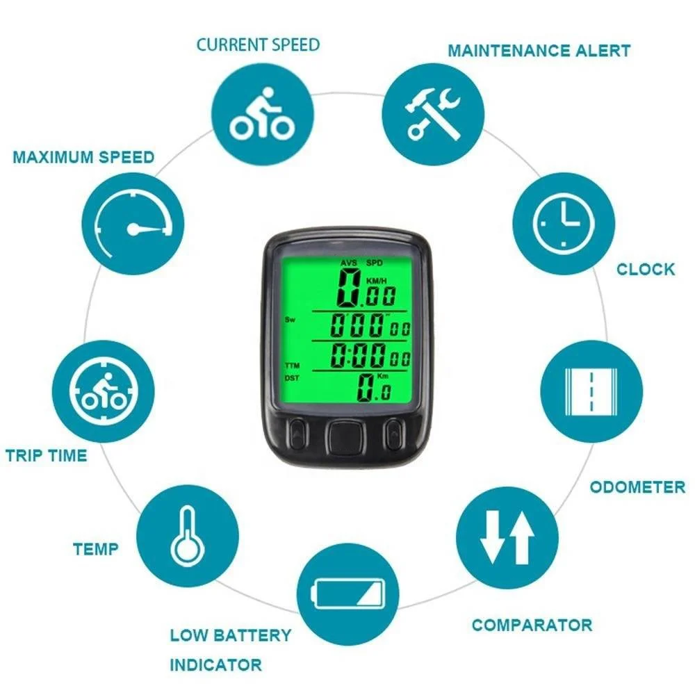 Waterproof Multi Functional LCD Display Screen Bicycle Speedometer Smart Bike Computer Cycling Odometer with Green Backlight