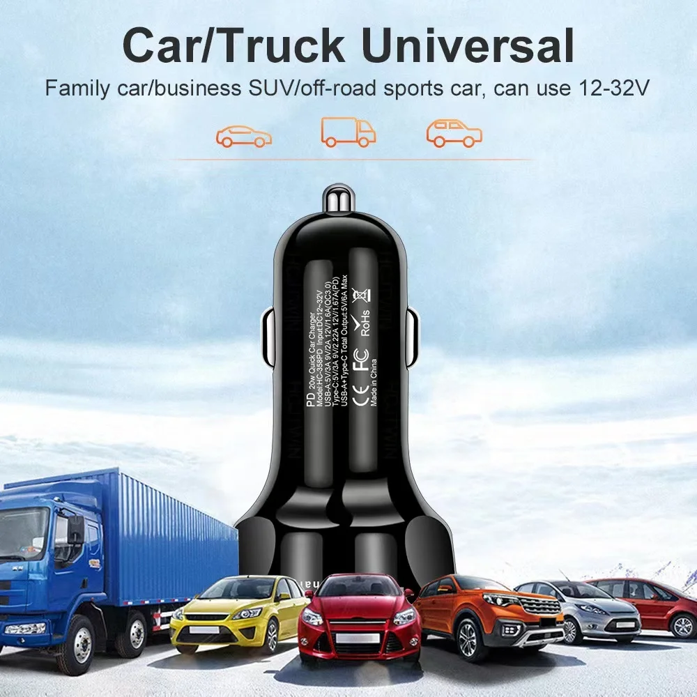 4 Ports 20W USB-C PD+QC 3.0 3.1A 2 USB+Type-c Fast Car Charger for iPhone/Samsung