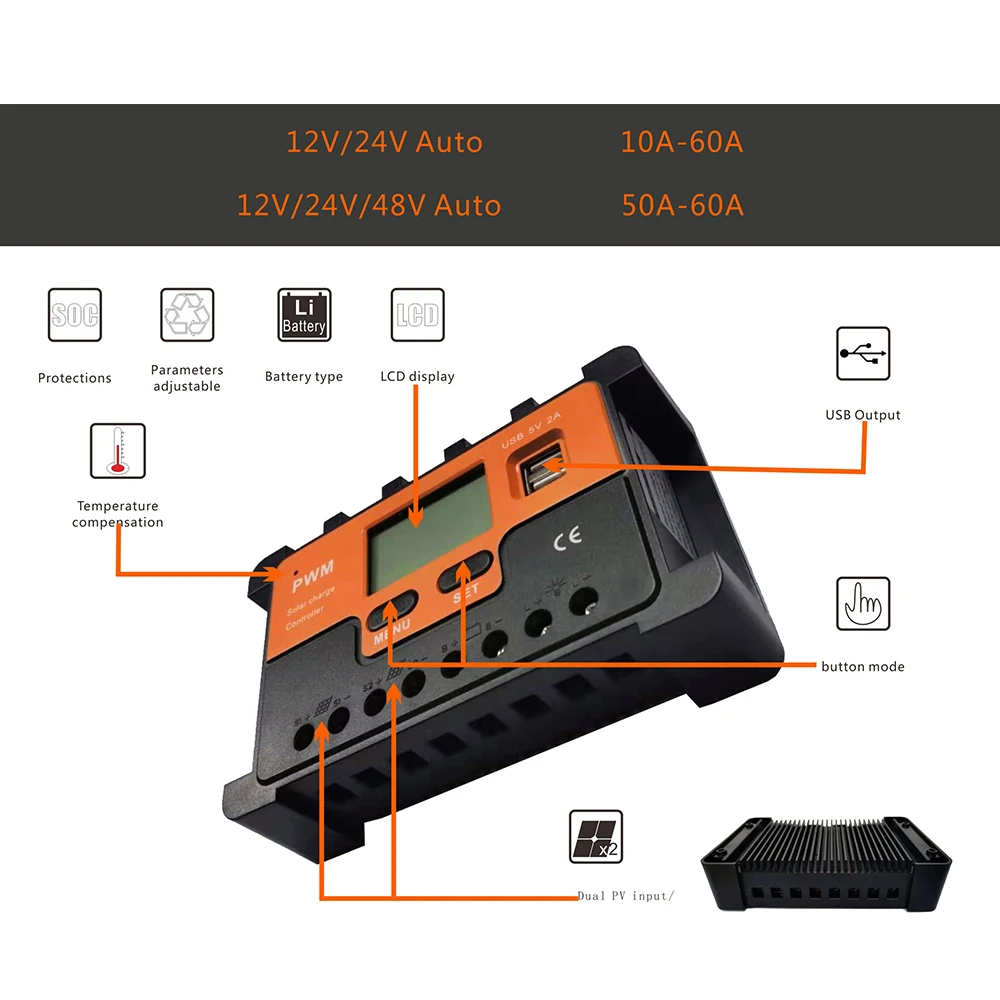  PWM регулятором солнечного заряда контроллер 12V 24V 48V Авто 10A 20A 30A 40A 50A 60A 80A портативное зарядное устройство от солнечной энергии с пульт дистанционного управления ЖК-дисплей двойной USB кабель для