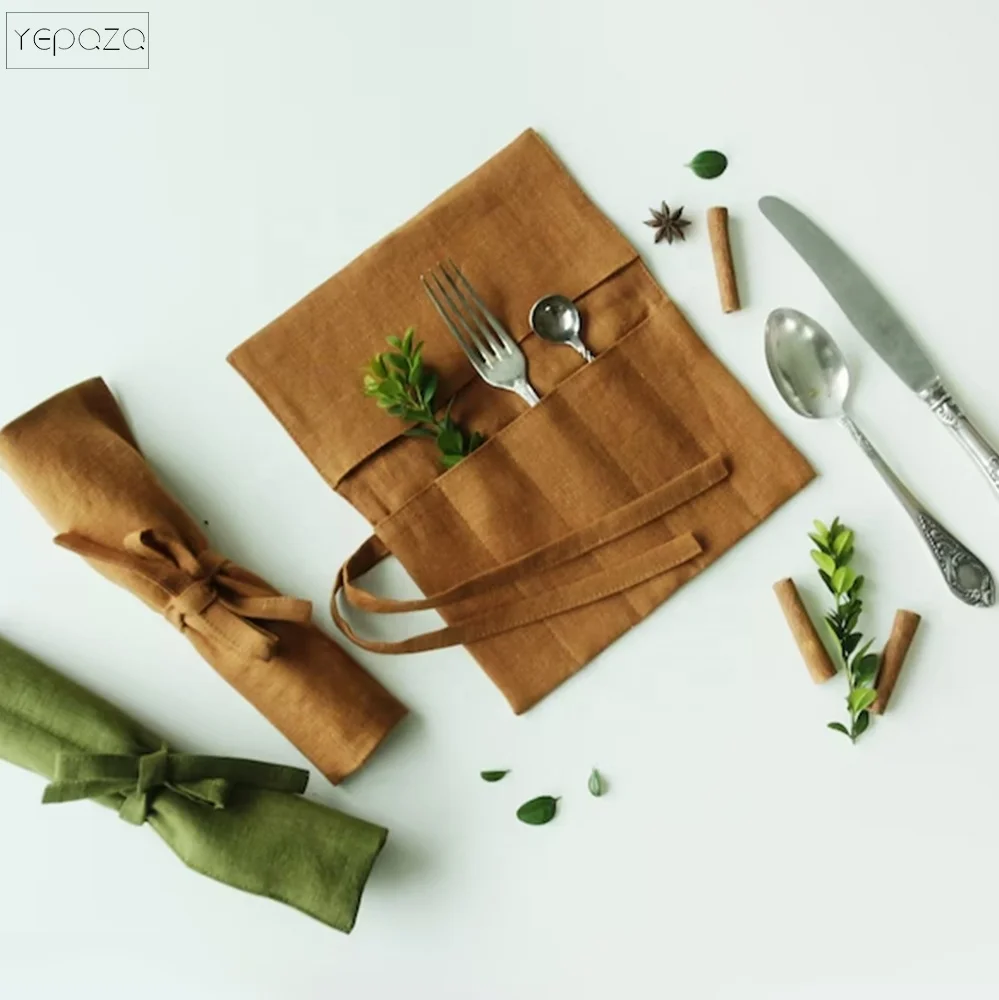 Reusable Utensil Holder Bag Linen Cutlery Roll Picnic Wrap Case