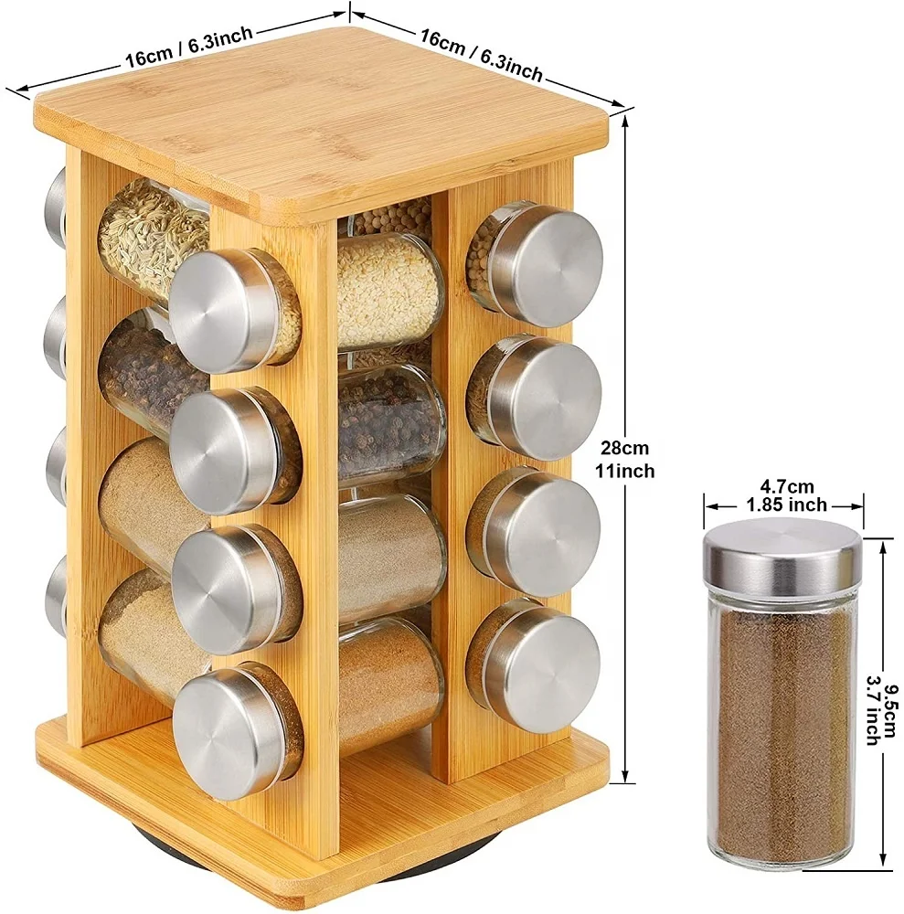 Kitchen Counter Top 360 Degree Rotating Bamboo Spice Storage Rack Stand Herb & Spice Tools for 16 Jars for Salt Storage