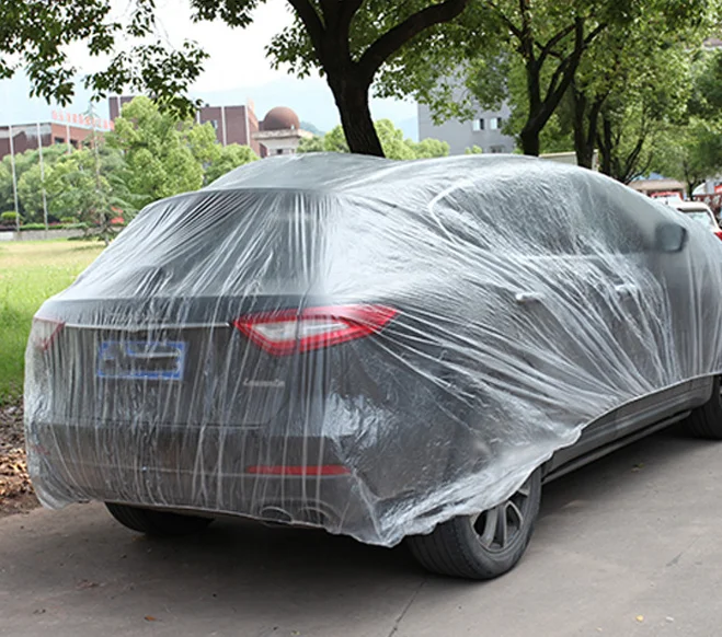 Protective Car Cover Transparent Plastic Auto Dustproof Covers With Elastic Band Rain Dust Resistant Scratch-Proof