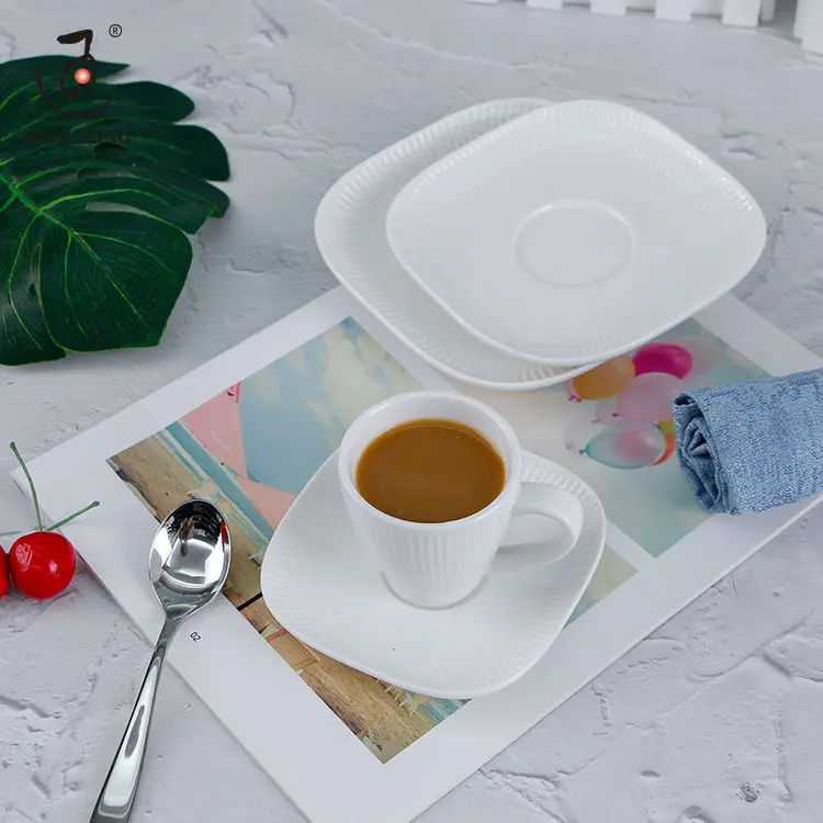 DianTong new design plain white porcelain ceramic biscuit espresso & coffee cup and square saucer with custom logo