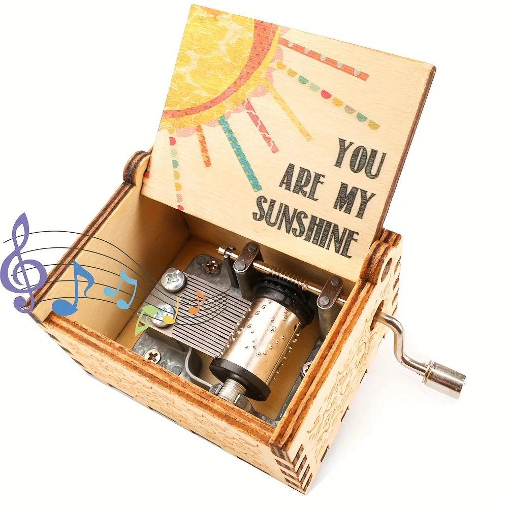Wholesale Custom Mini Music Box Sunshine Color Printed Wooden Square Happy Birthday Tune Hand Crank Play Power Paper Material