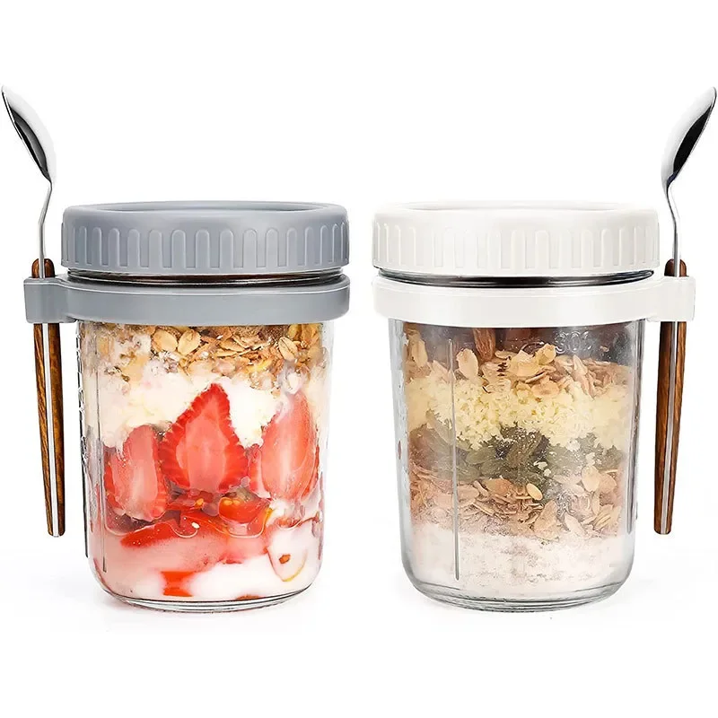 Overnights oat containers with lid and spoon mason jar with airtight lid for Overnight Oats Meal Prep