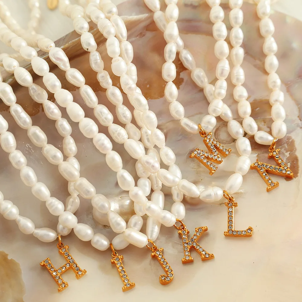 Freshwater Pearl Letter Pendant Necklace New Stainless Steel 18k Beaded Zircon Necklace Waterproof Fashion Necklace