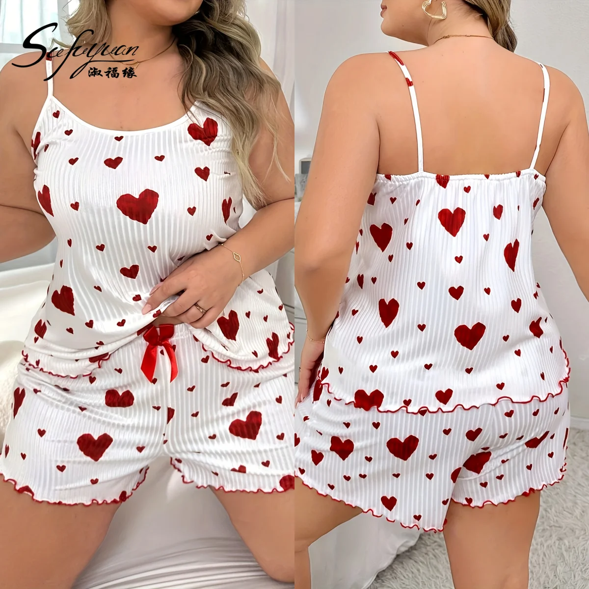 sfy-y1360 OEM xl-xxl-xxxl pjs Heart Printed Pajamas Loungewear For Fat Women Casual Homewear Rib Vest Shorts 2pcs Women Clothing