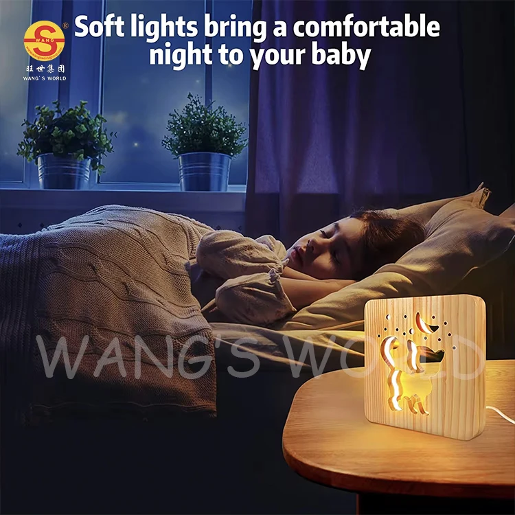 Kids Baby Holiday Gift Novelty Dog Design Wooden Carved Lamp 3D Creative LED USB Power Night Light