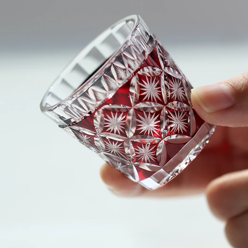 Hand Blown Hand Carved Sake Glass Japanese Style Beautiful Patterns Liquor Shot Glass Blue&Red&Purple Color Overlay Glass