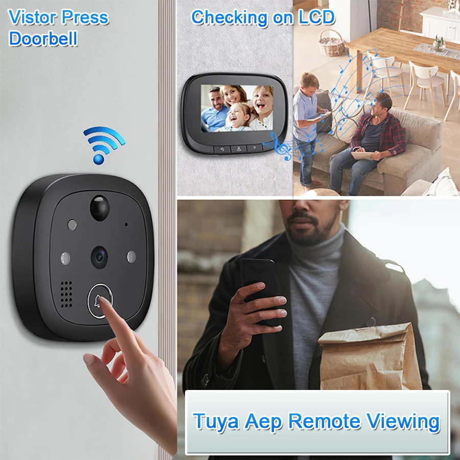 Tuya Smart 130 Degree Wide Angle WiFi Remote Access Two Way Audio Viewer Monitoring Peephole Camera Video Doorbell