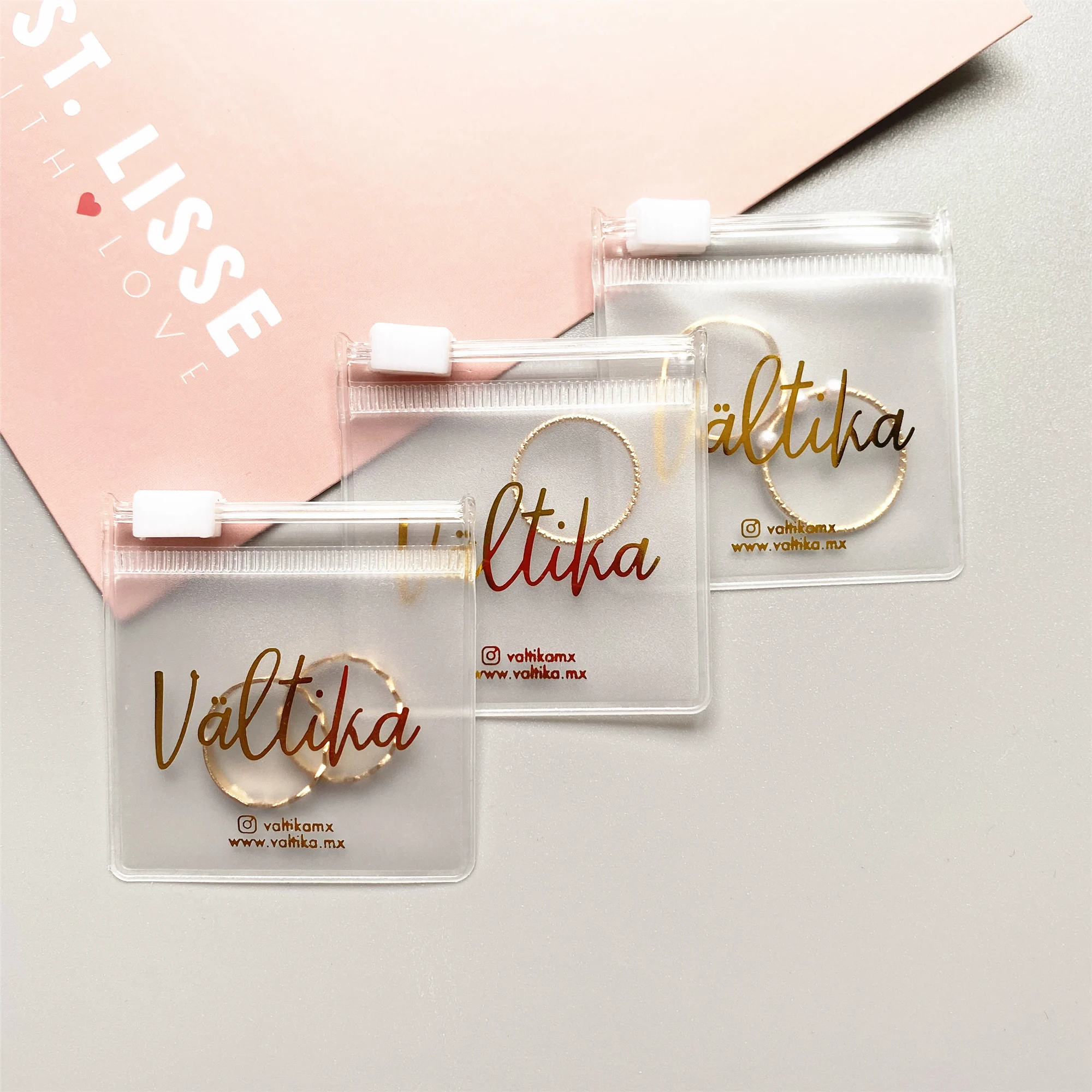 Custom Gold Foil Logo Mini PVC Plastic Jewelry Pouch Cosmetic Slide Zip Lock Packaging Bags For Jewelry Rhinestones Glitter