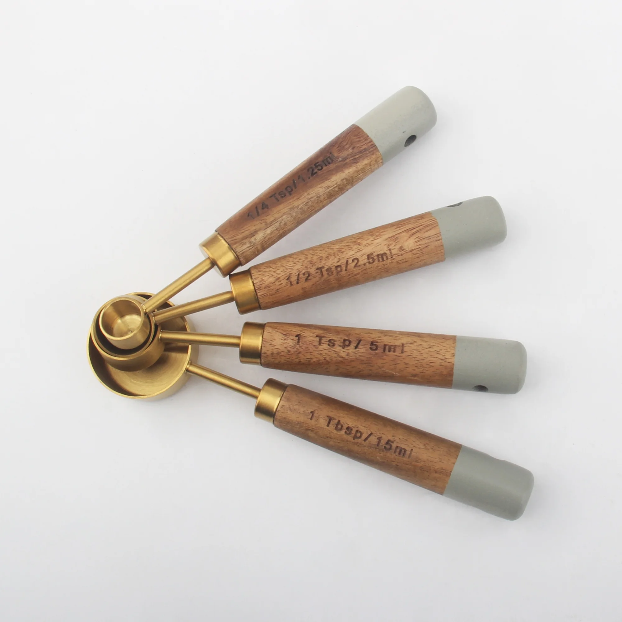 High Quality Gold Baking Measuring Cup Stainless Steel for Kitchen Tool Acacia Wooden Handle Spoons Set