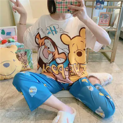 New Arrival Cartoon Printed Women Pajamas Sets 2 Piece Free Size Cotton Sleepwear Lovely Nightwear for Girl