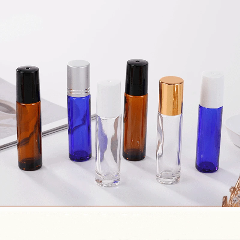 Wholesale Empty Essential Oil Perfume 4ml 5ml 8ml 10ml Frosted Clear Amber Blue Glass Roll on Bottle with Metal Roller Ball