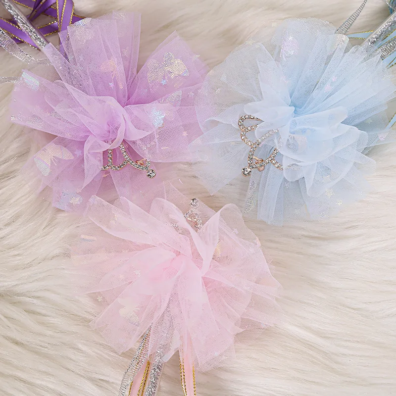 Princess Party Kids Girls Cosplay Costumes Tulle Magic Wands Lovely Crown Sparklers Glitter Fairy Stick Fairy Wand with Ribbons
