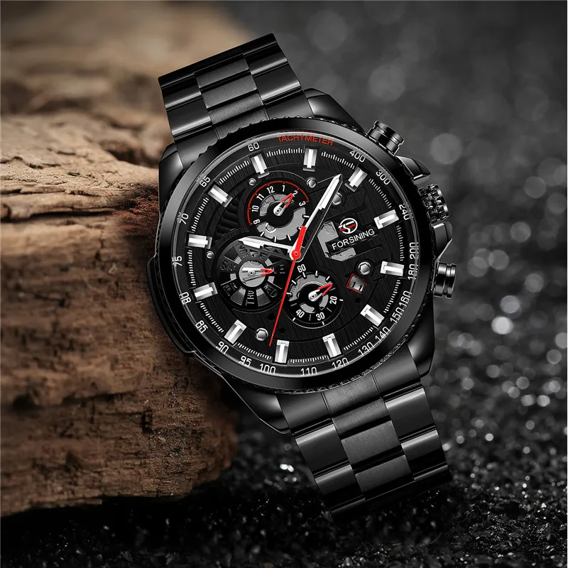 Forsining Stainless Steel Automatic Mechanical Skeleton Men Wrist Watch 30 ATM Male Watches relogio Support Customer OEM
