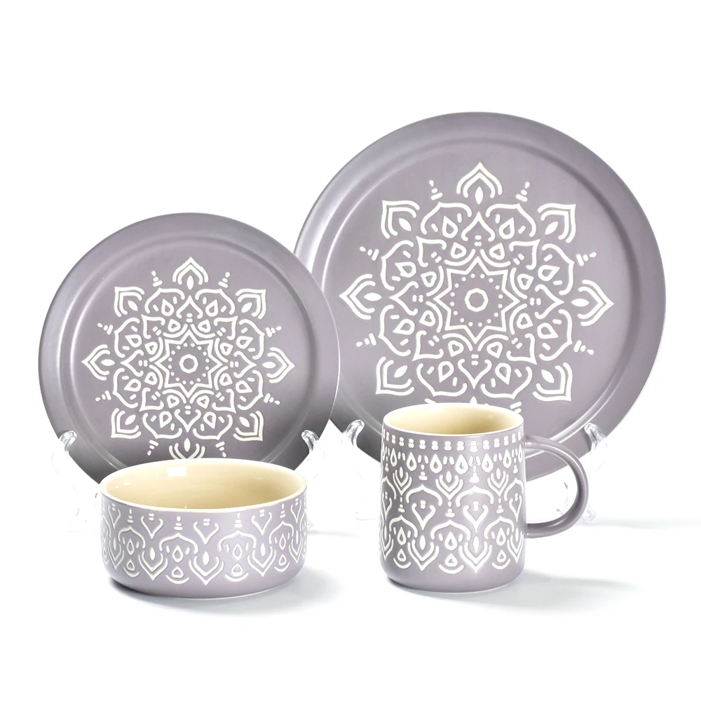 Wholesale Matt grey purple custom Stamping Ceramic Dinnerware Set