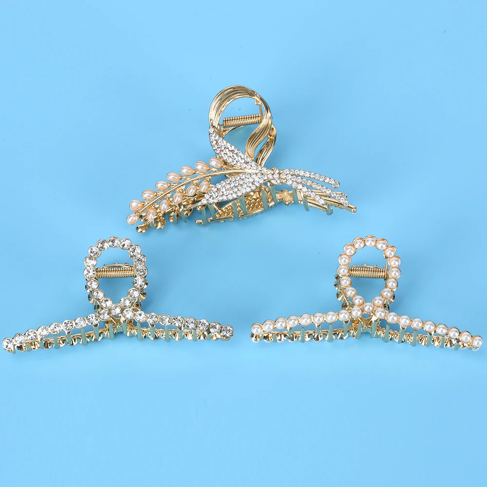 wholesale metal large hairpin hair claws clips feather rhinestone pearl claw hair clips for thick hair women