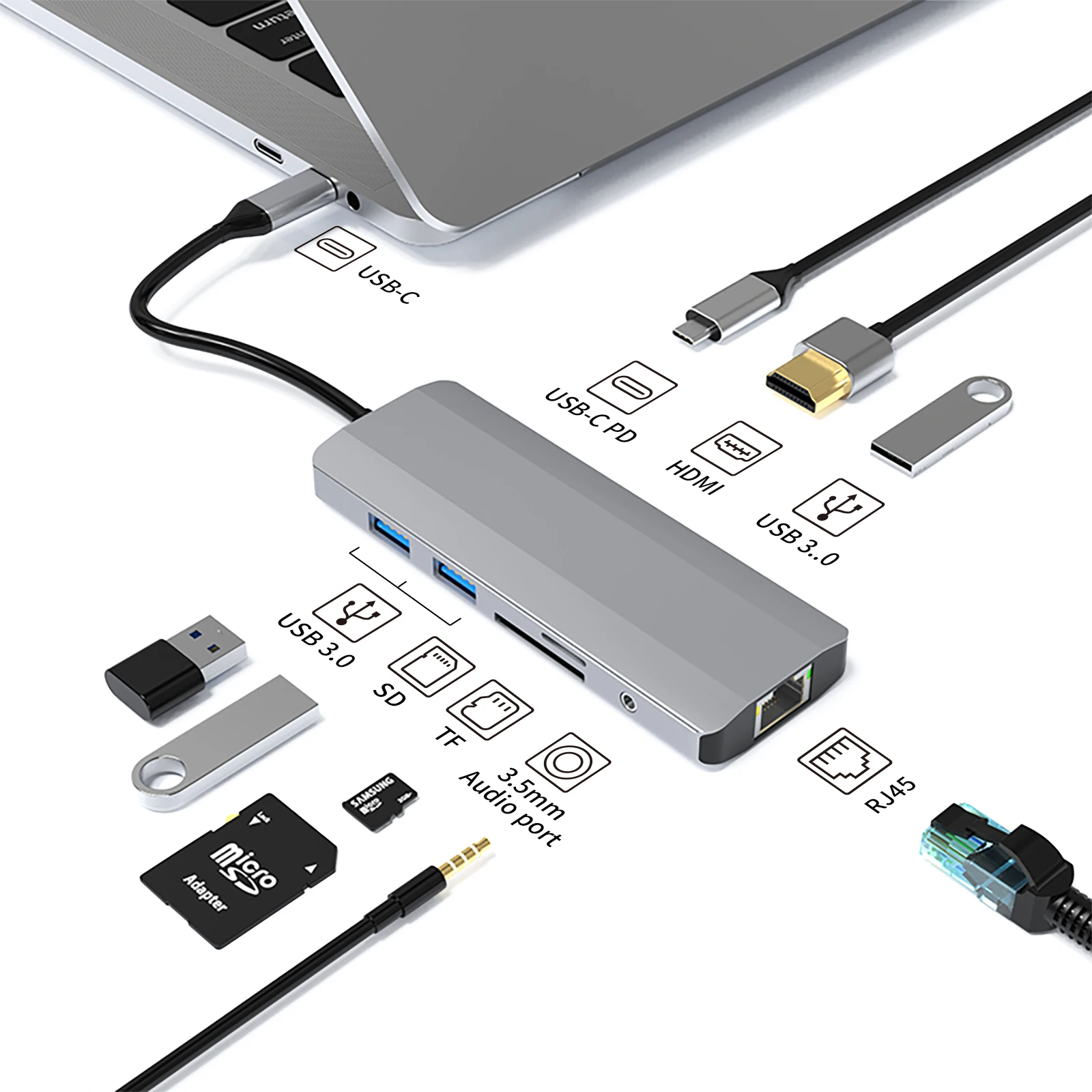 Док-станция usb c концентратор 9 в 1 Тип c к USB3.0 * 3 HD-MI SD TF RJ45 PD 3,5 аудио Серый usb c концентратор с высокой четкостью mi