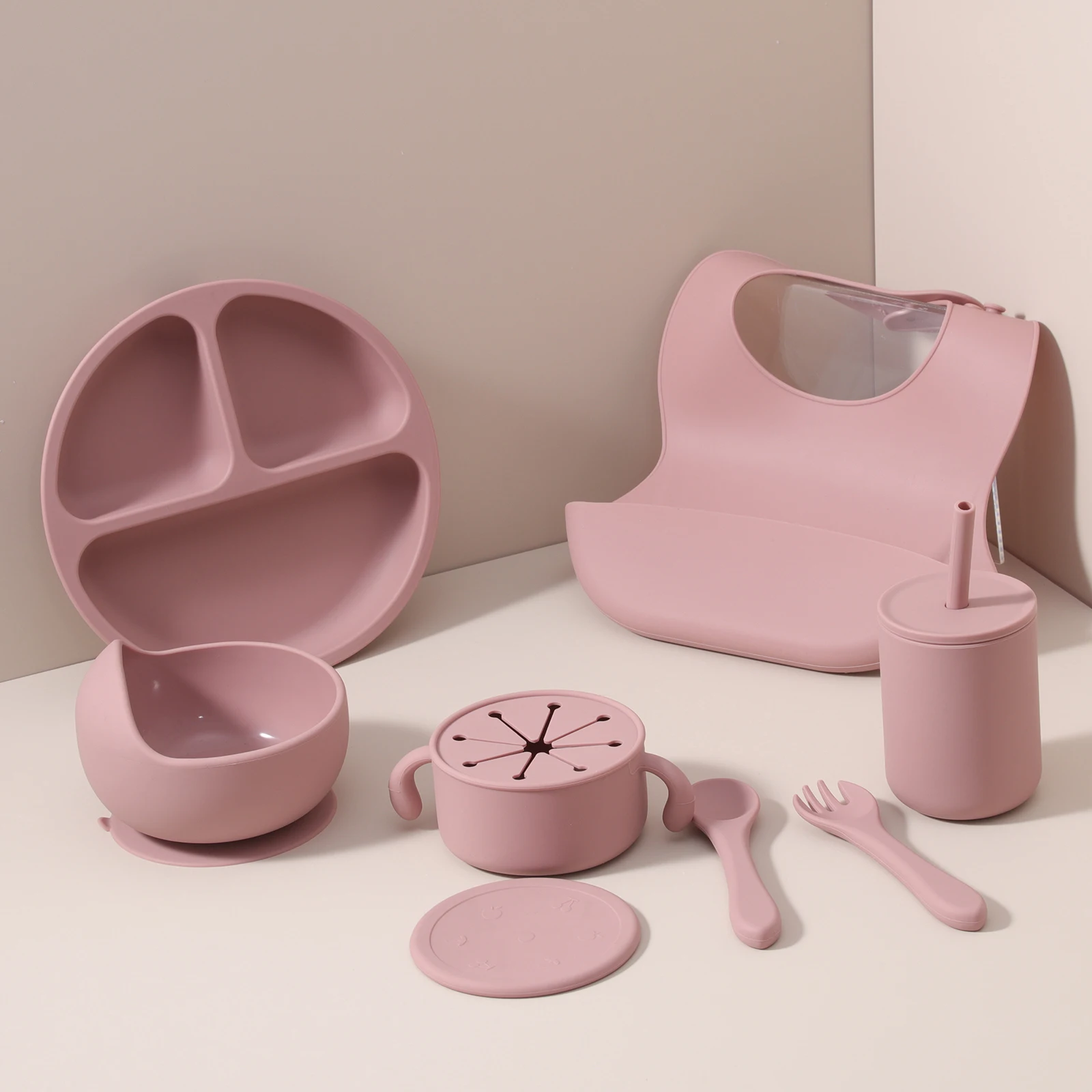 8/6/5/3 Pcs Food Grade Baby Silicone Feeding Products Waterproof Bpa Free Divider Kids Feeding Plate Bowl Set With Spoon Fork