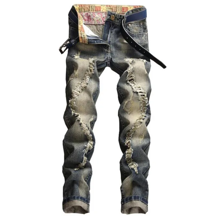 New Men Jeans Casual Denim Straight Hole Retro Old Personality Beggar Design High Quality Large Size Trend Trousers