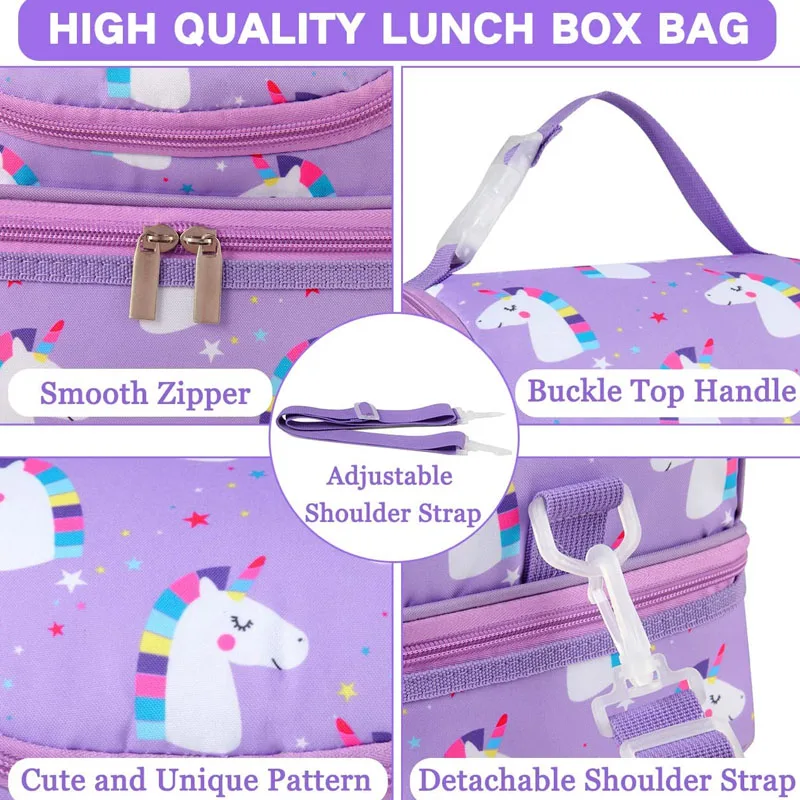 Сумка-тоут для еды для мальчиков и девочек, изолированные мини-кулеры с двумя отделениями, школьный Ланч-бокс с единорогом