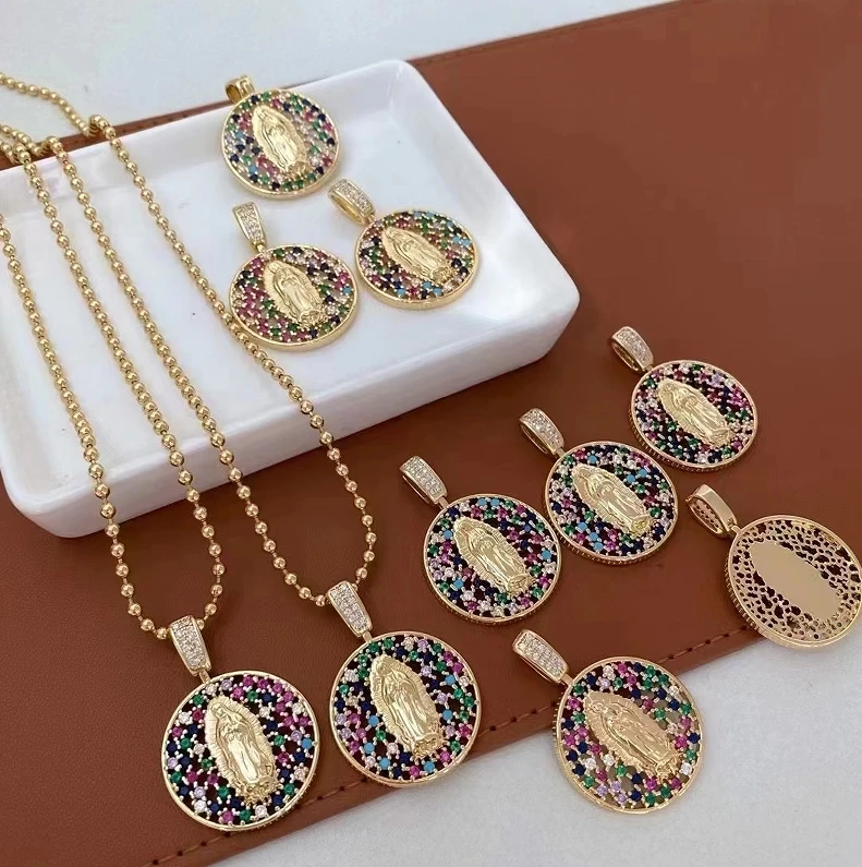 Coin Shape Gold Plated Multi color zirconia paved Virgin Mary medallion Charm Pendant Necklace Religious Christian necklace