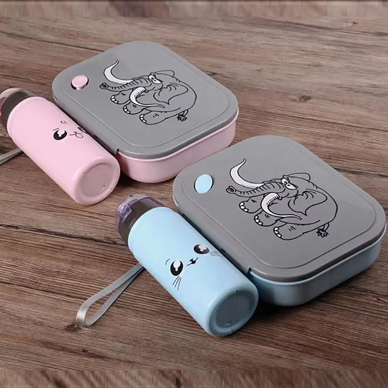 Kid children Cartoon Animal Elephant Plastic Bento Lunch Box with Water Bottle Set and spoon safe plastic food container