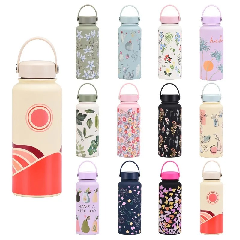 New 1L Stainless Steel Insulation Cup Wide Mouth Portable Vacuum Sports Water Bottle Outdoor Printed Water Cup