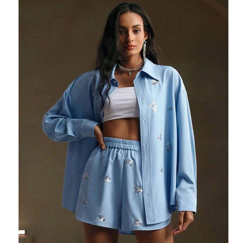 Custom Modern City Style Casual Solid Shirt Set Fashion Over-sized Pajamas Suit Button Up Shirt and Shorts Beaded Set