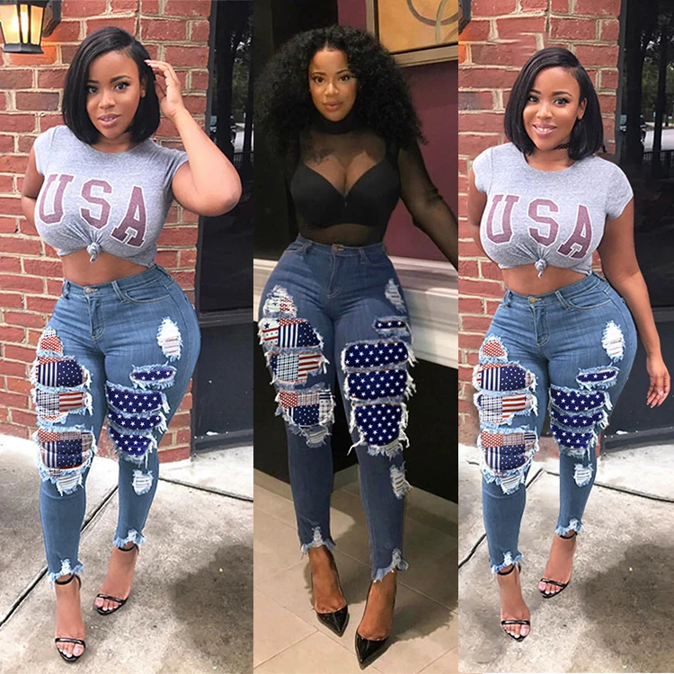 
Fashion ripped skinny the Old Glory patch big size plus women jeans trousers 