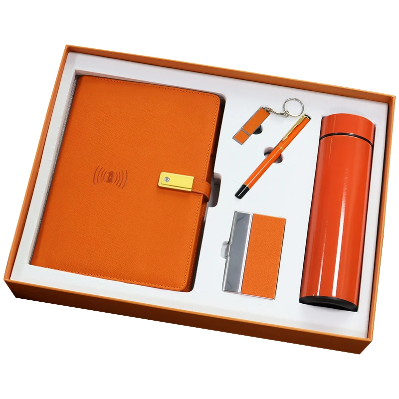 Wholesale orange gift sets 5 in 1  orange color Thermos cup gifts set Notebook USB Pen Drive Name Card Case Corporate Gift Set