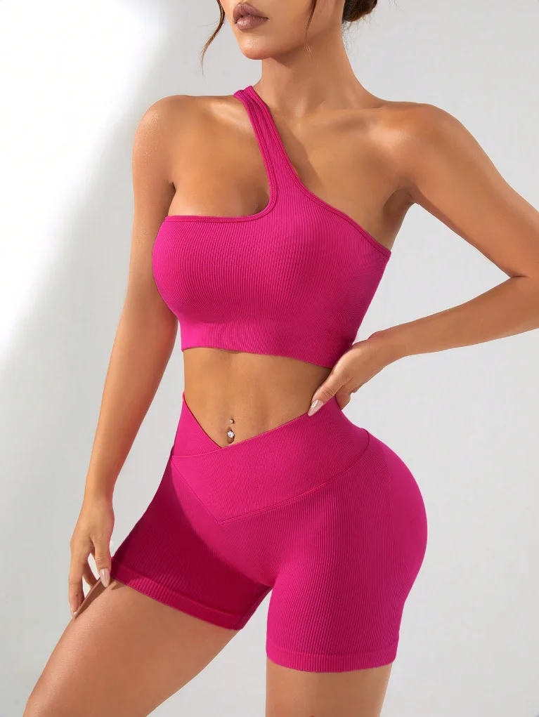 Seamless Ribbed Crossover Fitness One Shoulder Yoga Bra and Short Set Workout Gym Fitness Sets Women High Waist Yoga Tight Sets